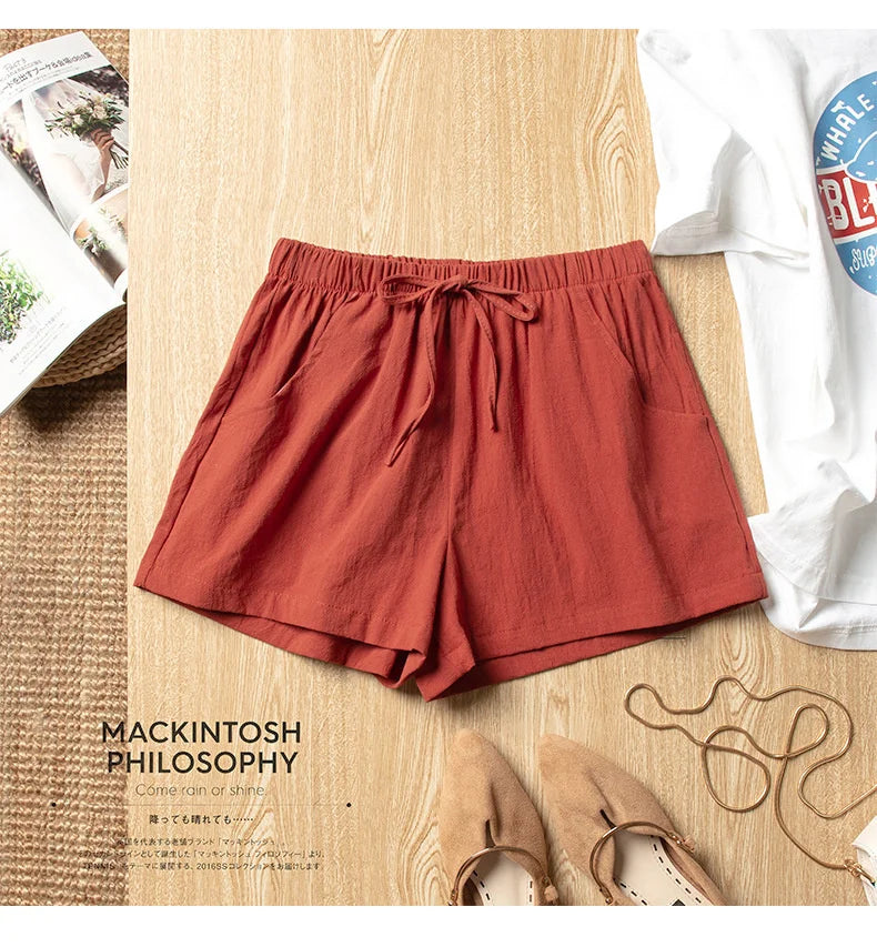 High-Waisted Linen Cotton Casual Shorts for Women