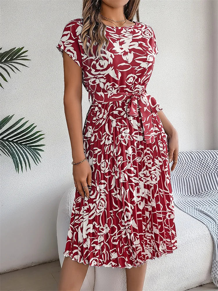 Floral Pleated Short Sleeve High Waist Chic Dress