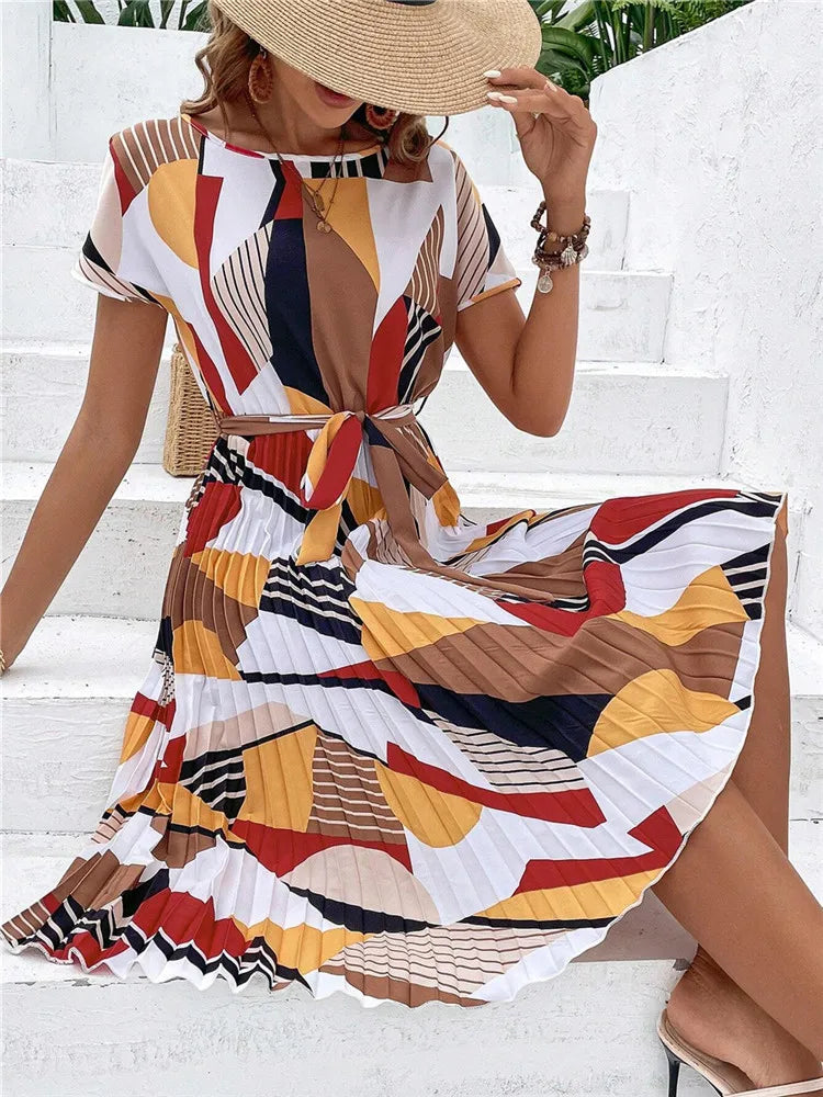Floral Pleated Short Sleeve High Waist Chic Dress