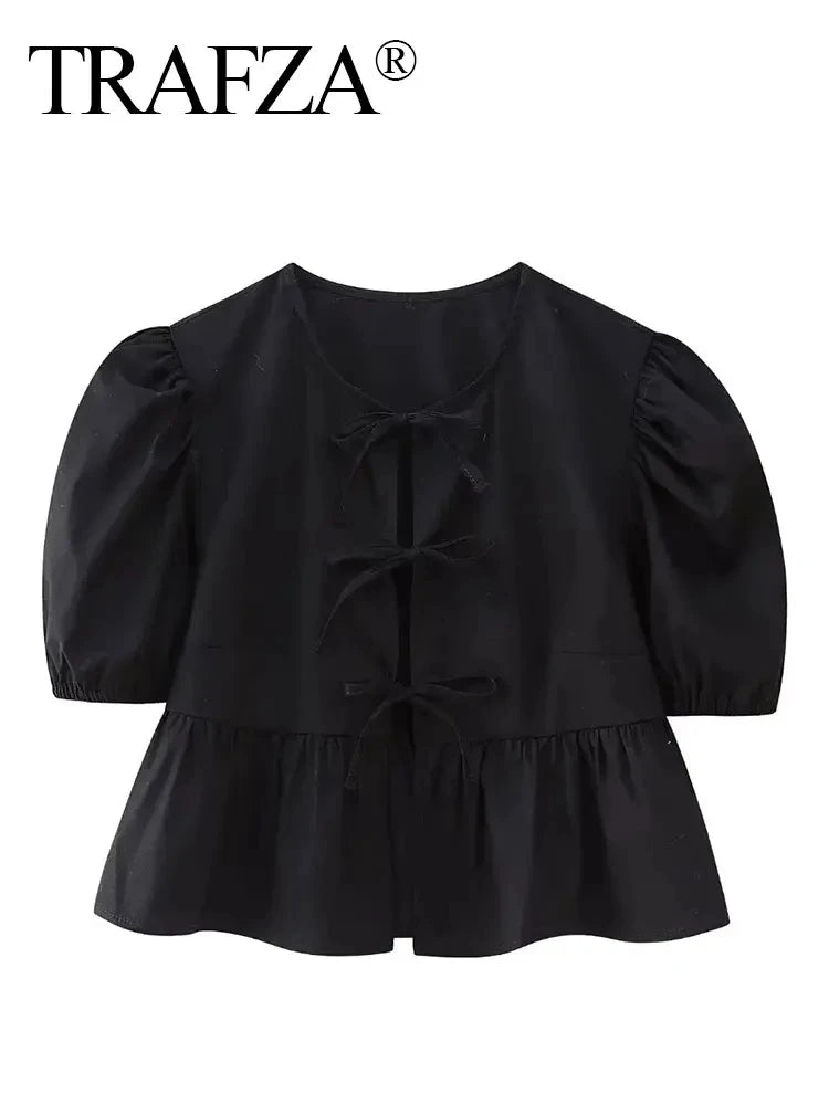 Women's Lace-Up Puff Sleeve Blouse