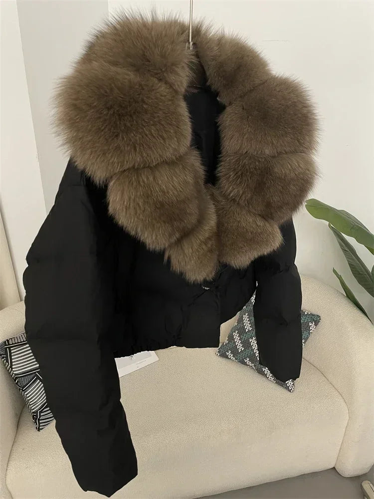 Luxury Women's Short Puffer Jacket with Natural Fox Fur Collar