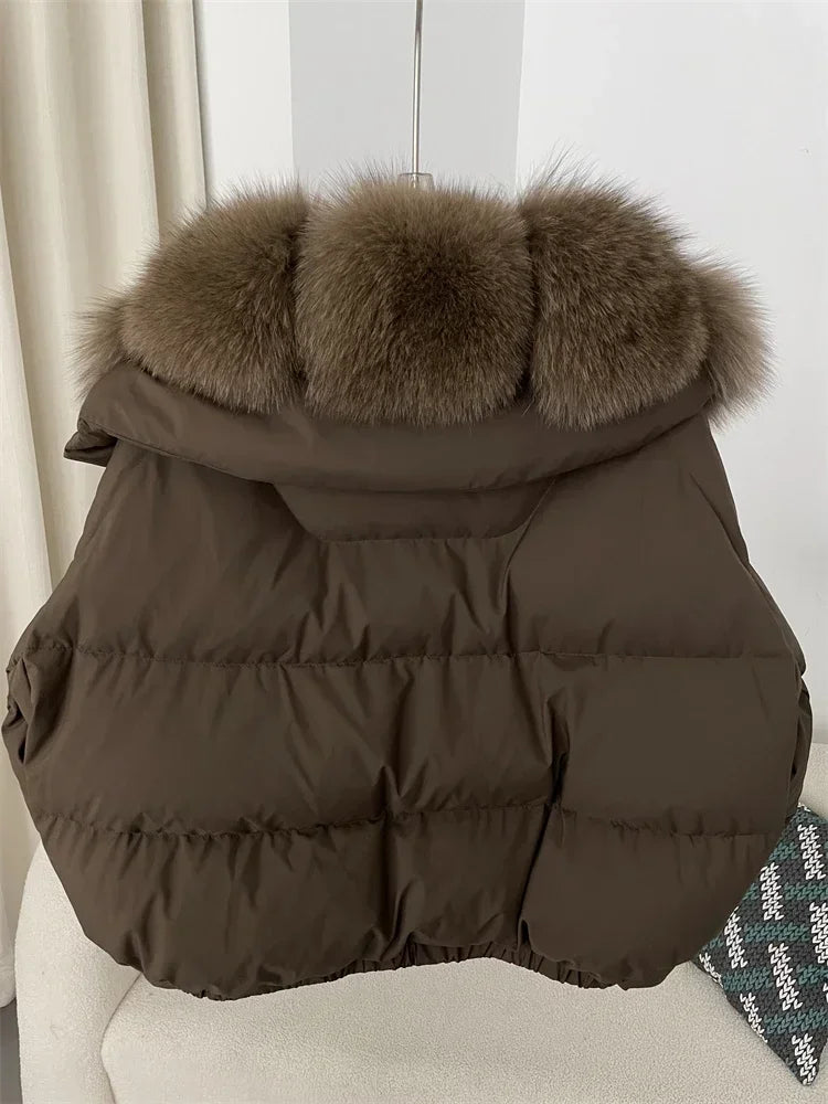 Luxury Women's Short Puffer Jacket with Natural Fox Fur Collar