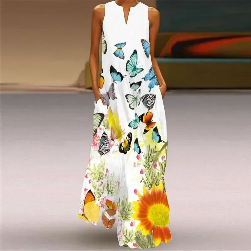 Vintage Maxi Pocket Loose Casual Print A-Line Dress