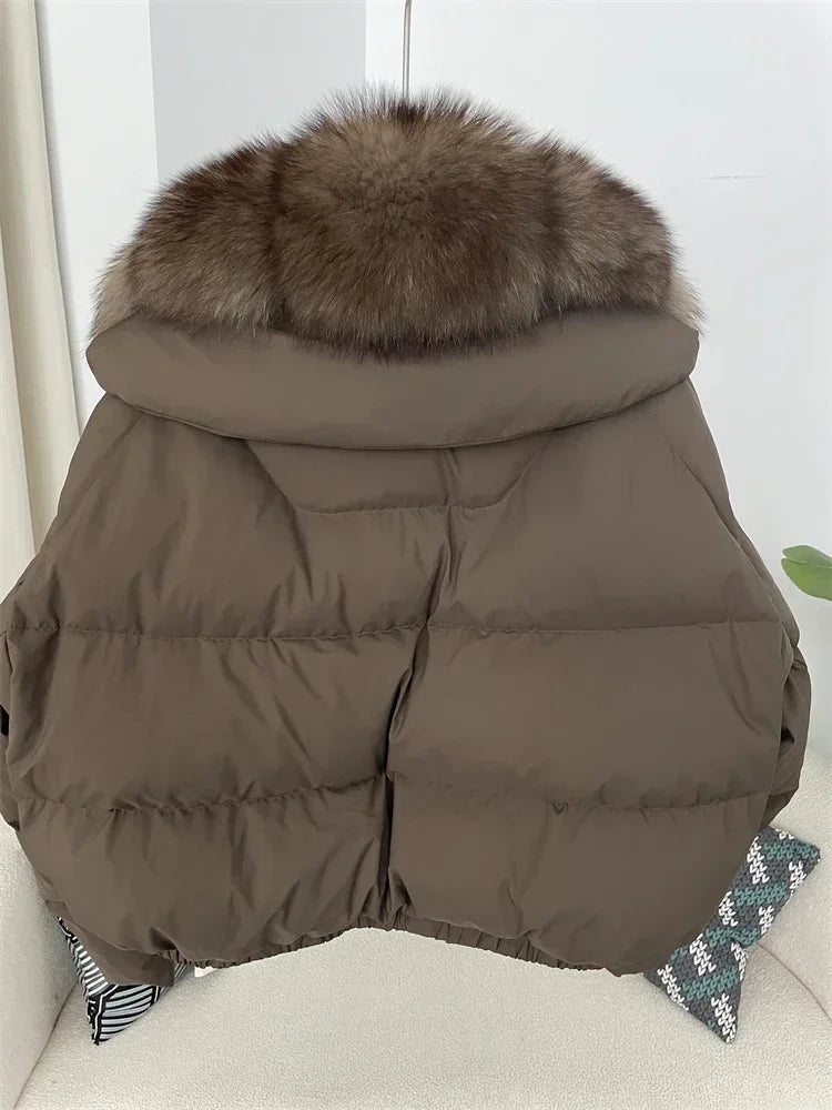Luxury Women's Short Puffer Jacket with Natural Fox Fur Collar