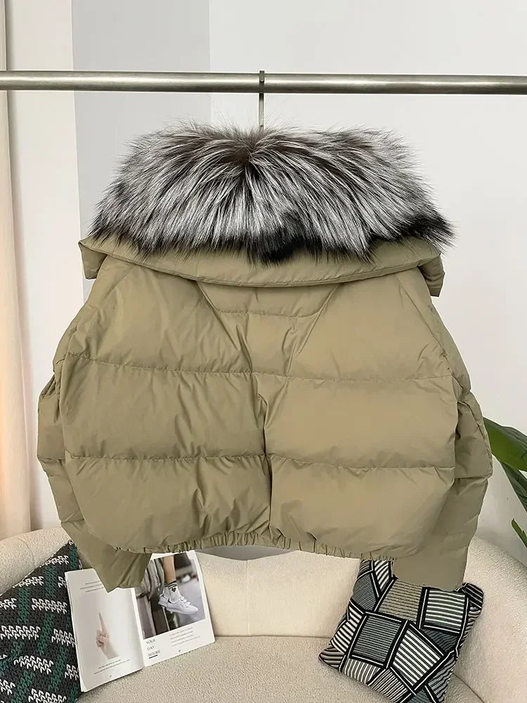 Luxury Women's Short Puffer Jacket with Natural Fox Fur Collar