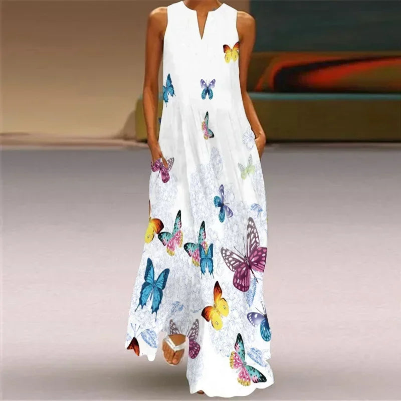 Vintage Maxi Pocket Loose Casual Print A-Line Dress