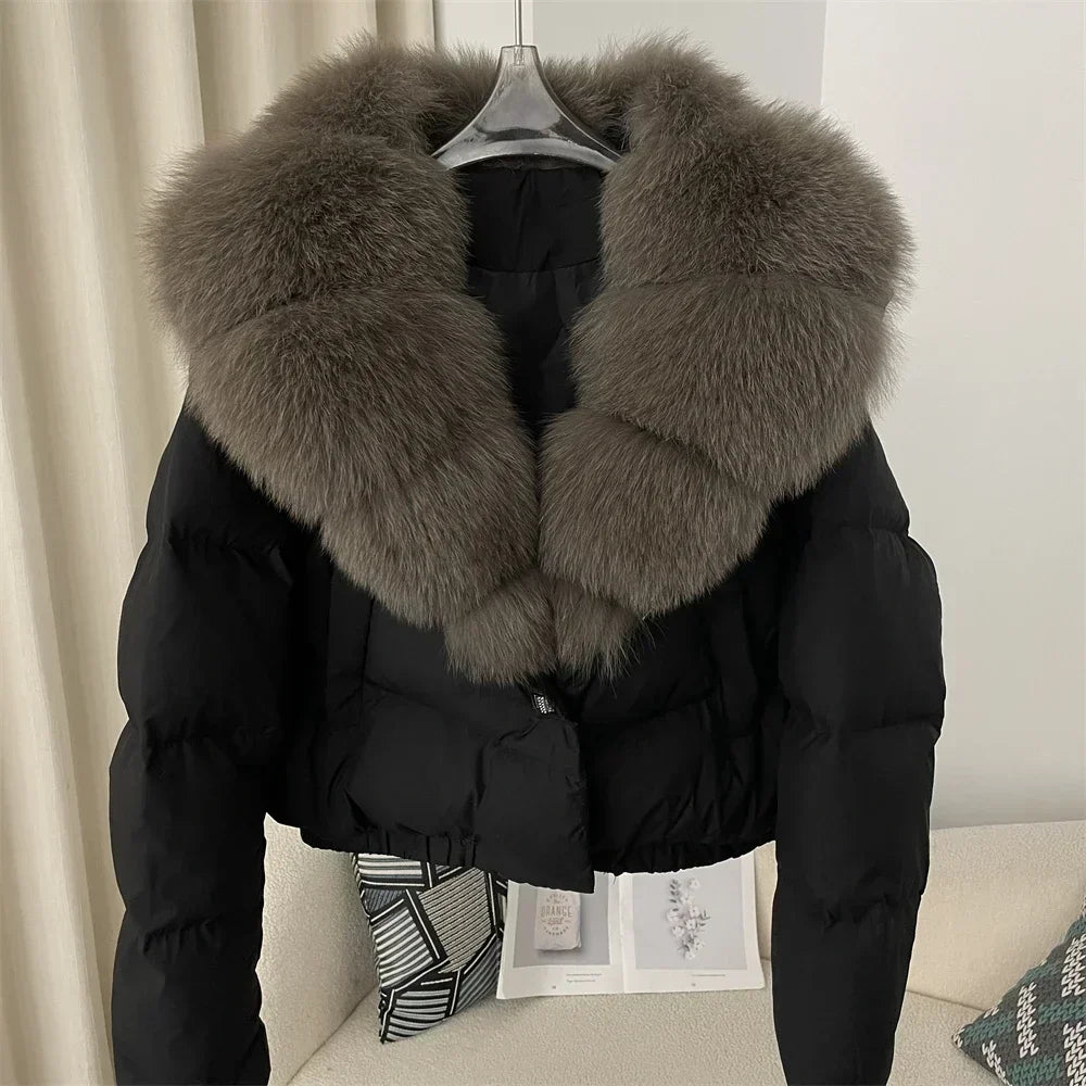 Luxury Women's Short Puffer Jacket with Natural Fox Fur Collar