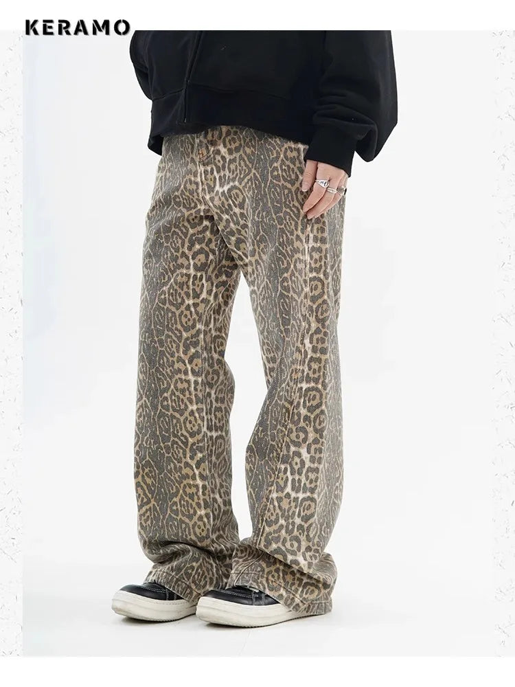 High-Waist Vintage Leopard Print Denim Jeans