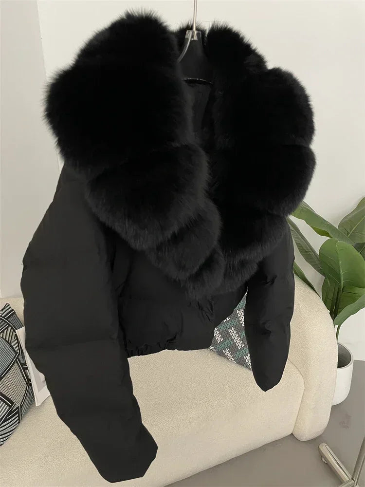 Luxury Women's Short Puffer Jacket with Natural Fox Fur Collar