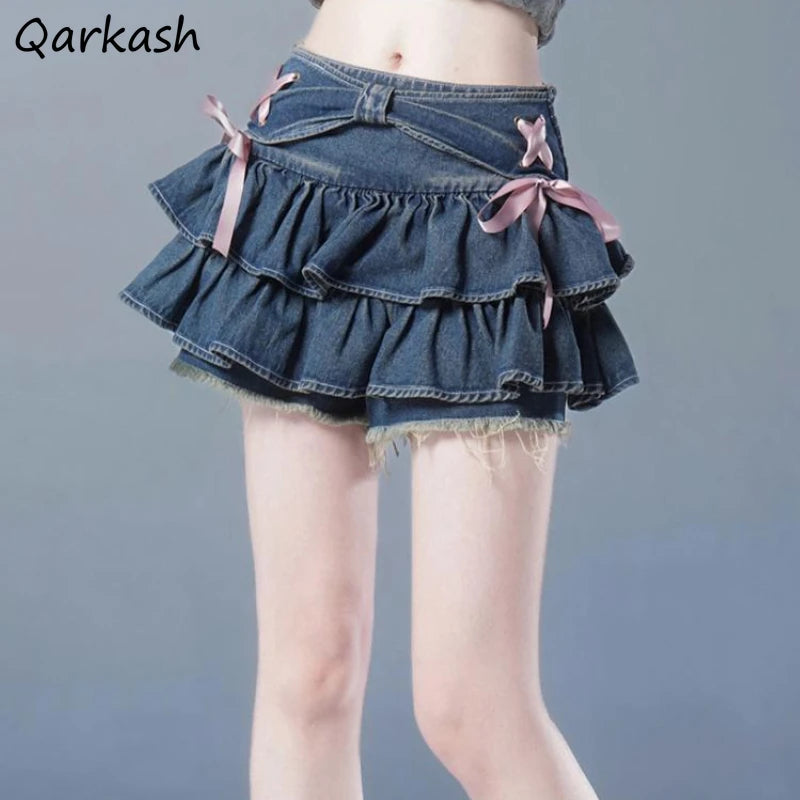 High-Waist A-Line Mini Denim Skirt with Bow Detail