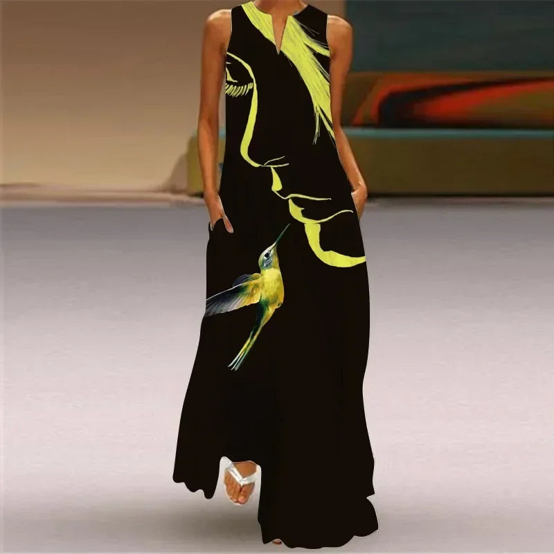 Vintage Maxi Pocket Loose Casual Print A-Line Dress