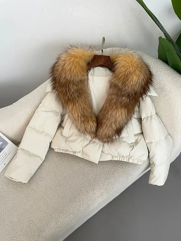 Luxury Women's Short Puffer Jacket with Natural Fox Fur Collar