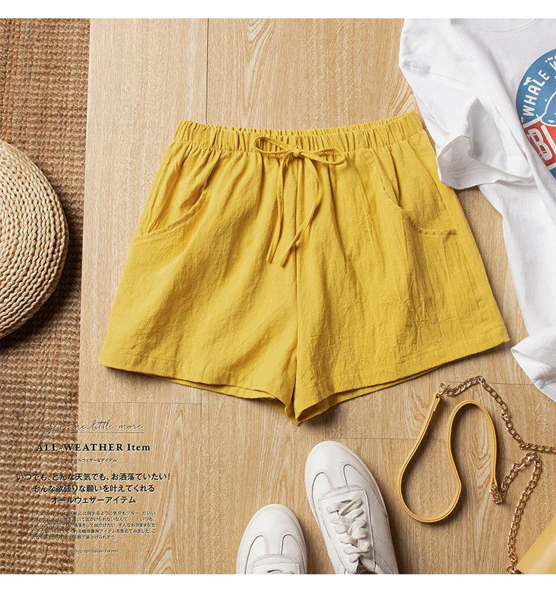 High-Waisted Linen Cotton Casual Shorts for Women
