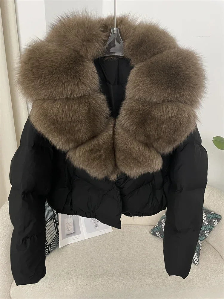 Luxury Women's Short Puffer Jacket with Natural Fox Fur Collar