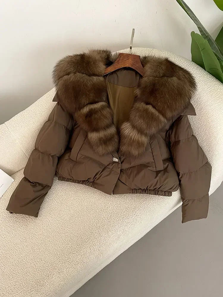Luxury Women's Short Puffer Jacket with Natural Fox Fur Collar