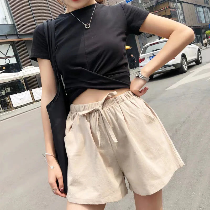 High-Waisted Linen Cotton Casual Shorts for Women