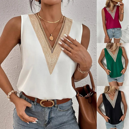 Women's Elegant Sleeveless V-Neck Lace Blouse