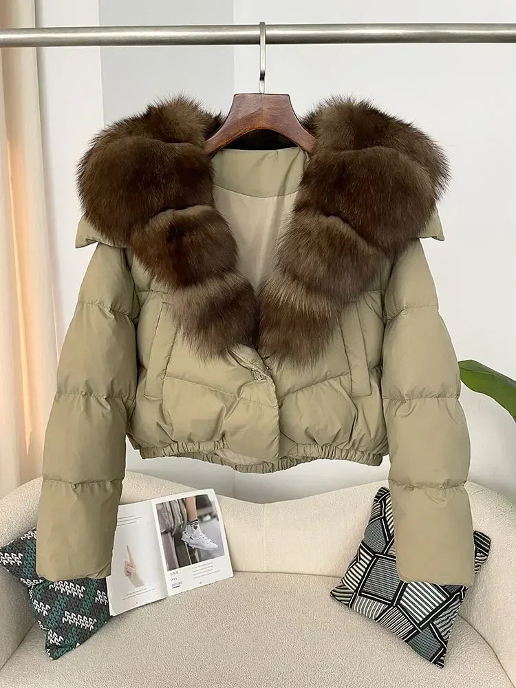 Luxury Women's Short Puffer Jacket with Natural Fox Fur Collar