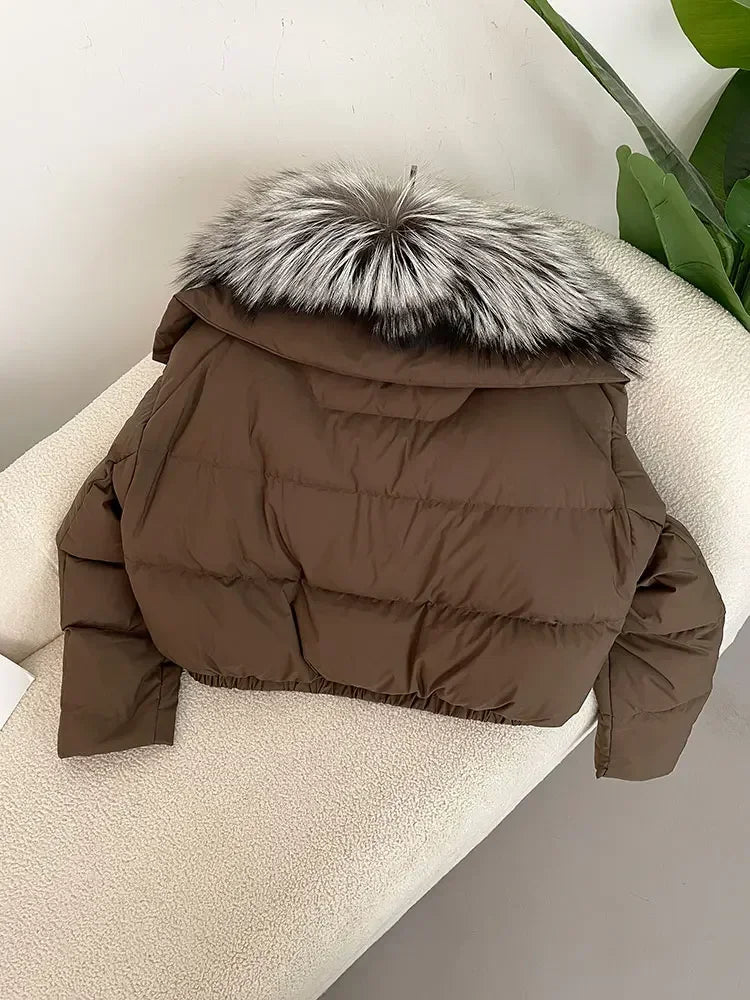 Luxury Women's Short Puffer Jacket with Natural Fox Fur Collar