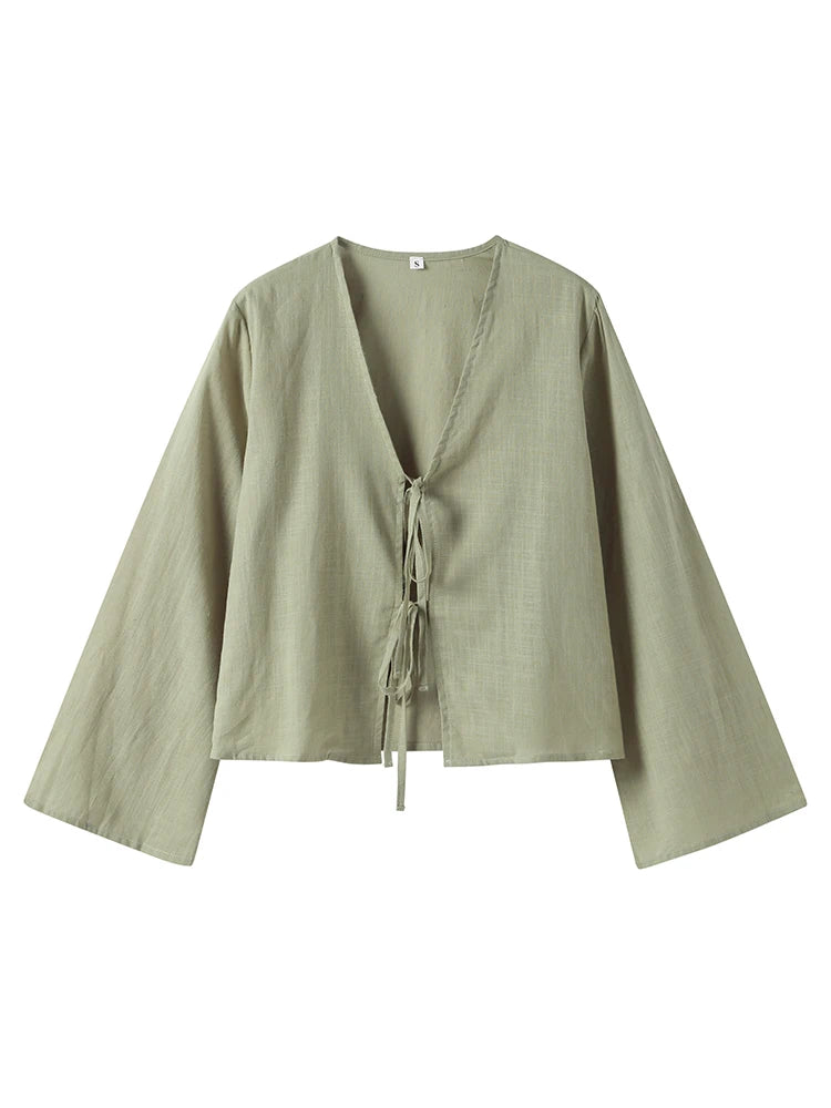 Elegant V-Neck Cotton Linen Blouse