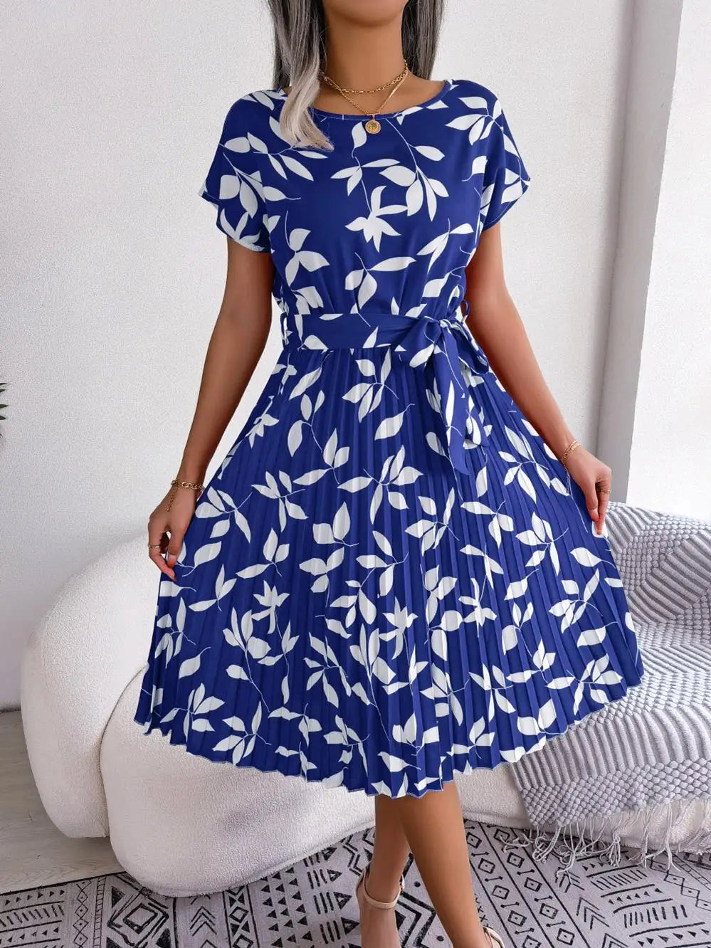 Floral Pleated Short Sleeve High Waist Chic Dress