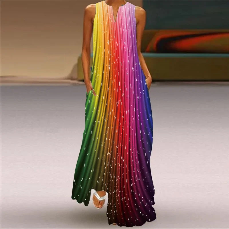 Vintage Maxi Pocket Loose Casual Print A-Line Dress