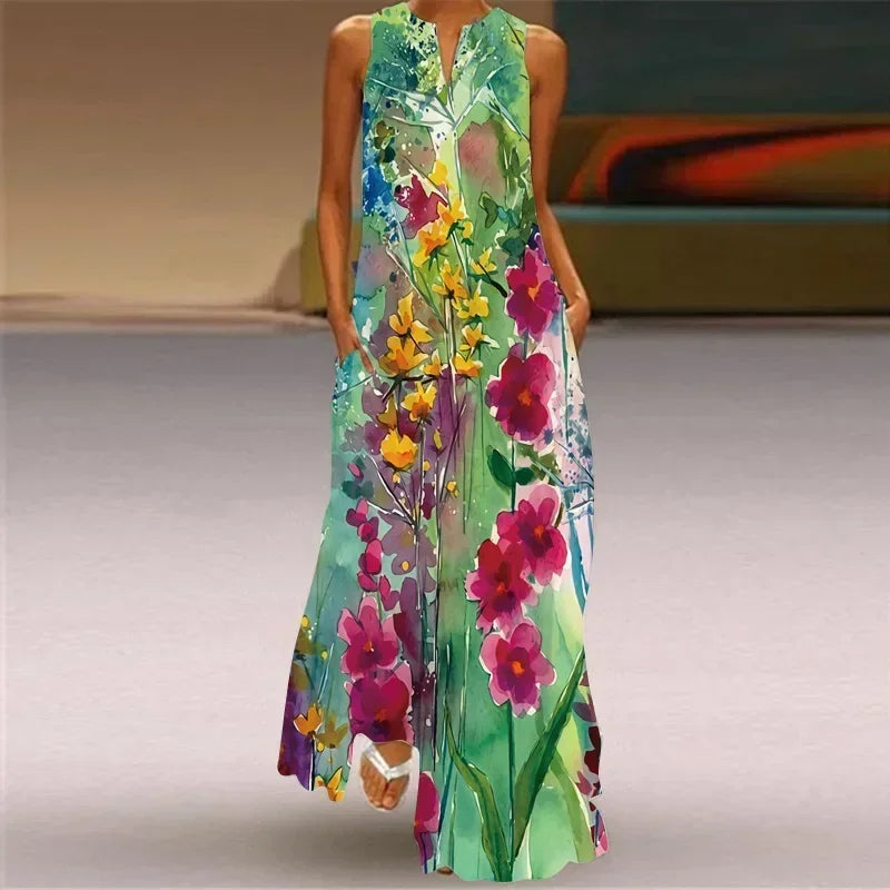 Vintage Maxi Pocket Loose Casual Print A-Line Dress