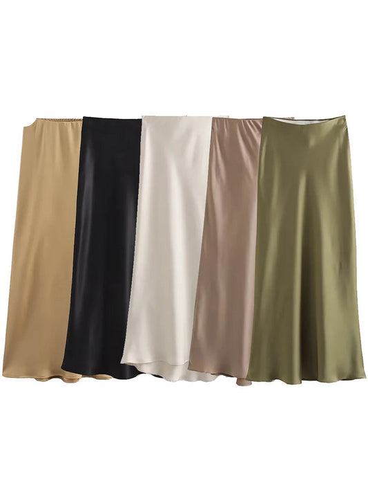 Elegant Satin Solid Pleated Midi Skirt