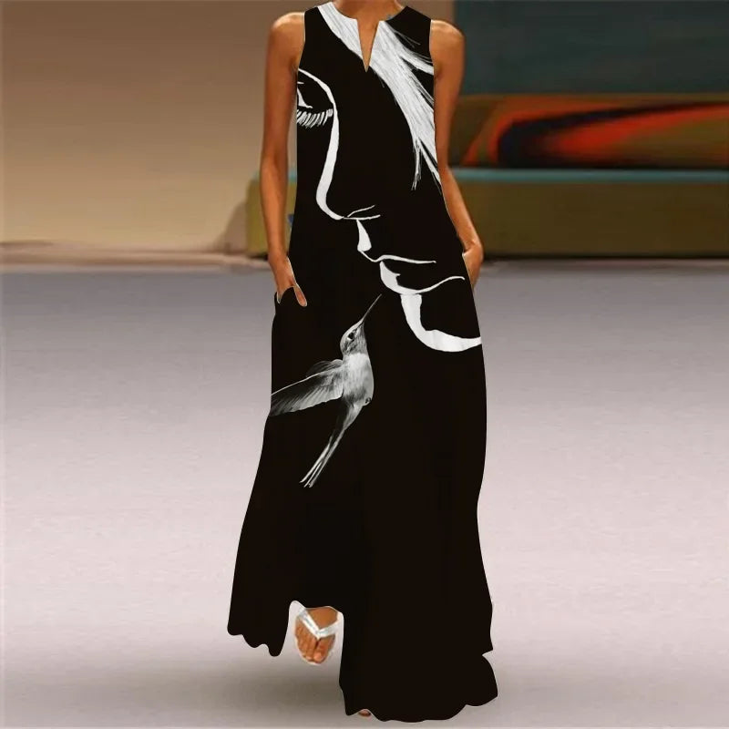 Vintage Maxi Pocket Loose Casual Print A-Line Dress