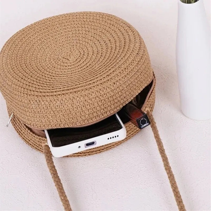 Handwoven Round Straw Crossbody Bag