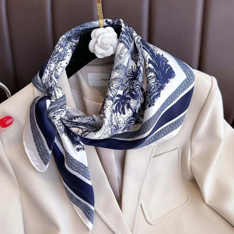 Elegant Floral Silk-Feel Square Scarf - 60-80cm Versatile Women's Neck Scarf