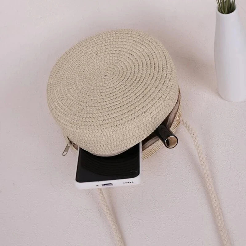 Handwoven Round Straw Crossbody Bag