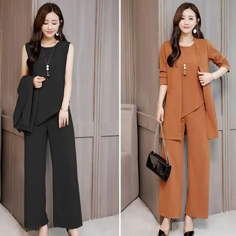 Trendy Irregular Hem Comfortable Vest Top Wide Leg Pants Mid-length Coat Set Breathable Loose Outfit Daily Clothing