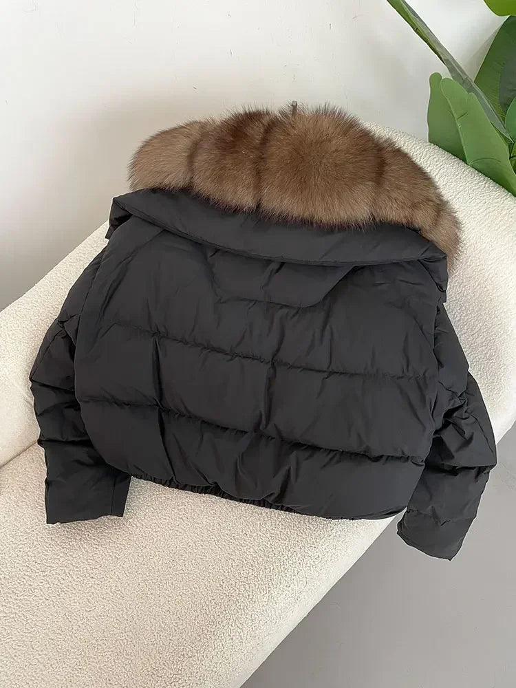 Luxury Women's Short Puffer Jacket with Natural Fox Fur Collar