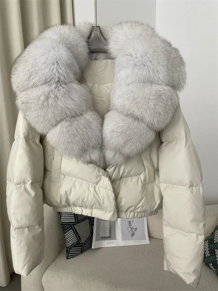 Luxury Women's Short Puffer Jacket with Natural Fox Fur Collar