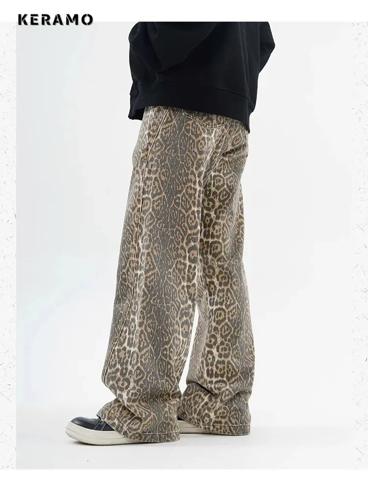 High-Waist Vintage Leopard Print Denim Jeans