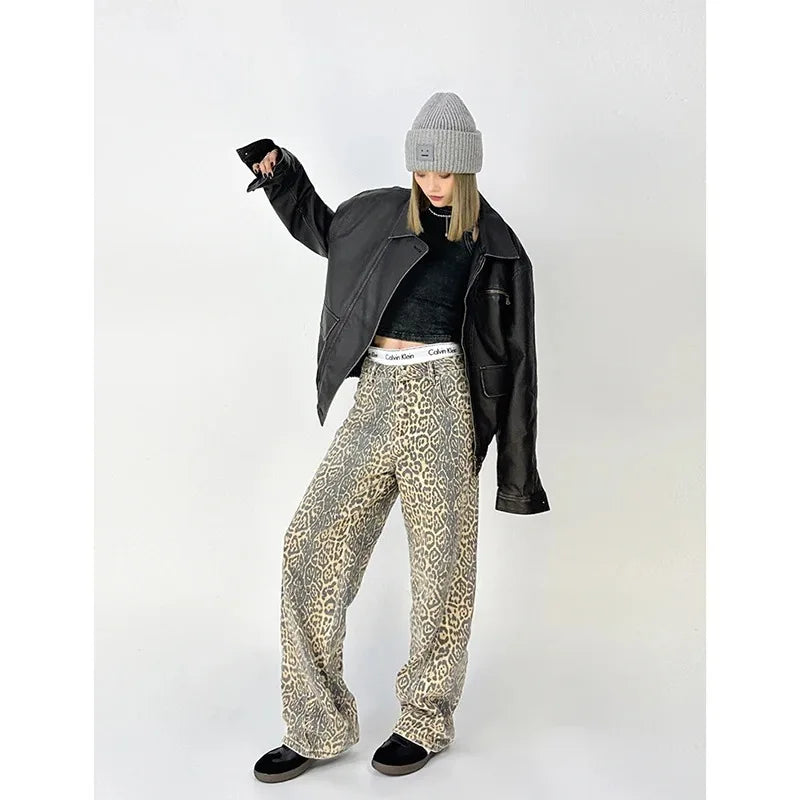 High-Waist Vintage Leopard Print Denim Jeans