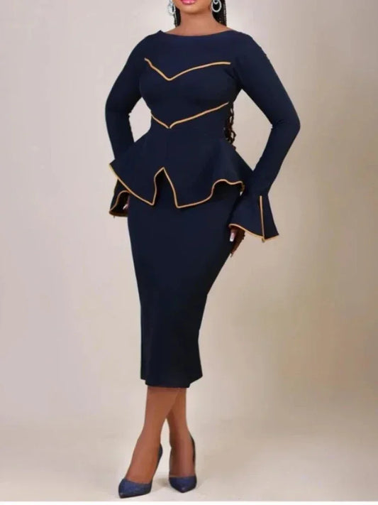 Elegant Round Neck Ruffle Edge Long Sleeved Dress