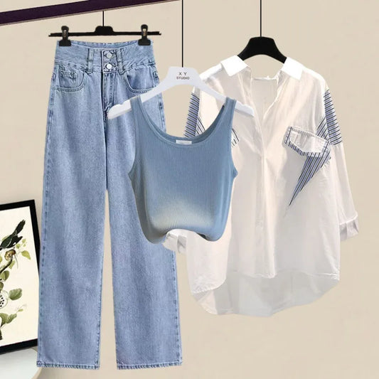 Elegant Cardigan and Wide-Leg Denim Pants Matching Set