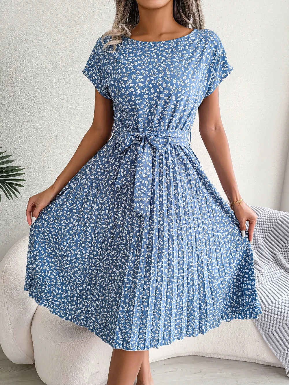 Floral Pleated Short Sleeve High Waist Chic Dress