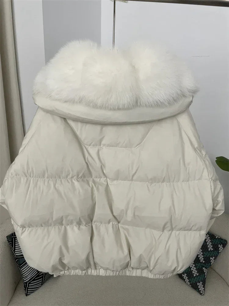 Luxury Women's Short Puffer Jacket with Natural Fox Fur Collar
