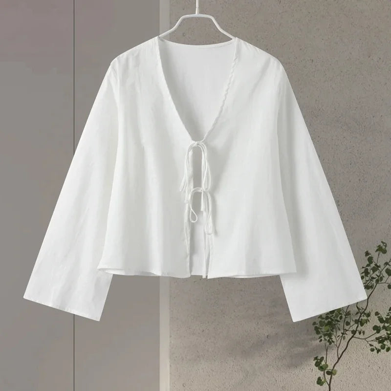 Elegant V-Neck Cotton Linen Blouse
