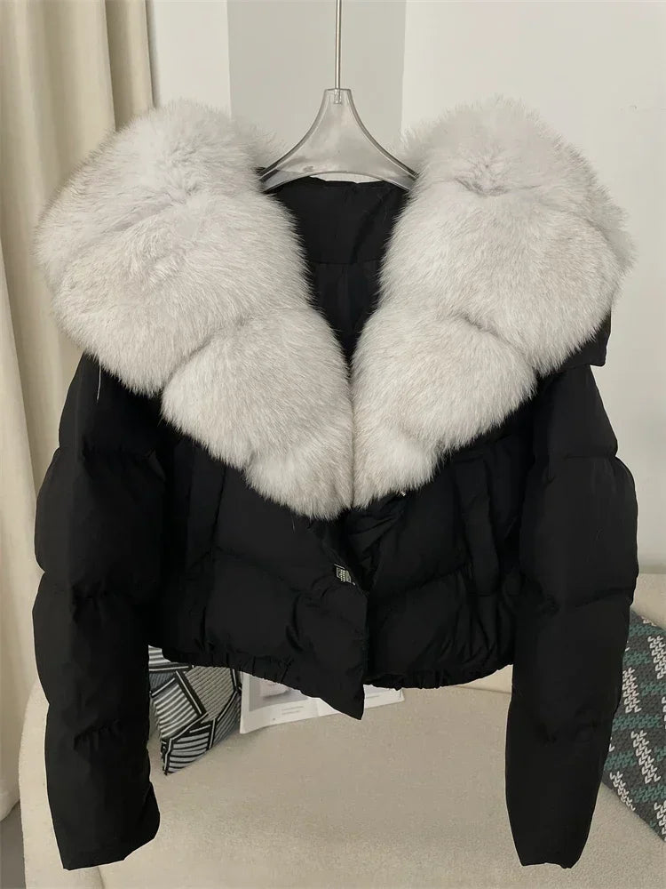 Luxury Women's Short Puffer Jacket with Natural Fox Fur Collar