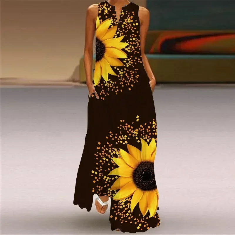 Vintage Maxi Pocket Loose Casual Print A-Line Dress