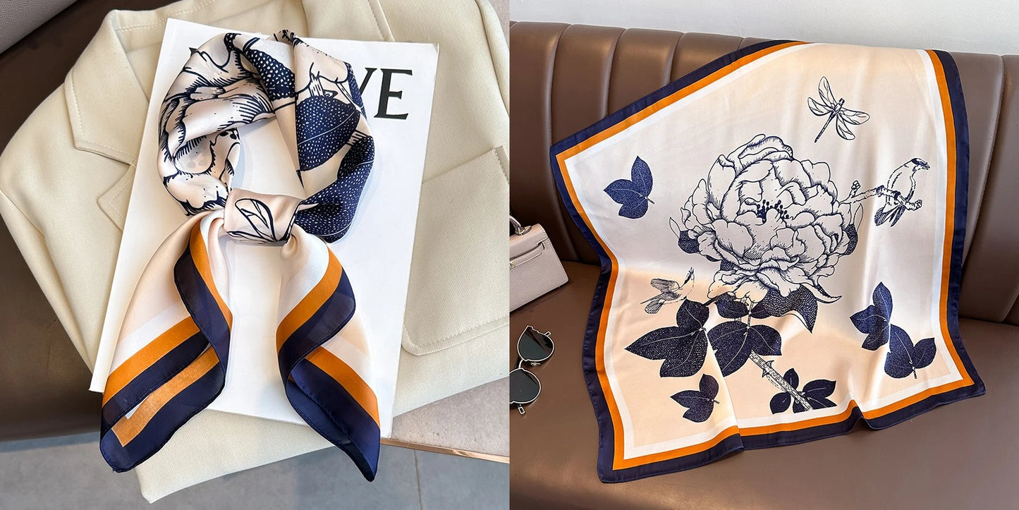 Elegant Floral Silk-Feel Square Scarf - 60-80cm Versatile Women's Neck Scarf