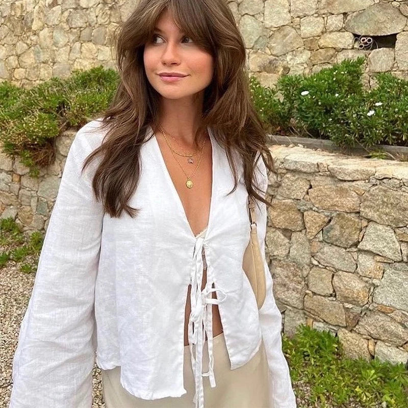 Elegant V-Neck Cotton Linen Blouse