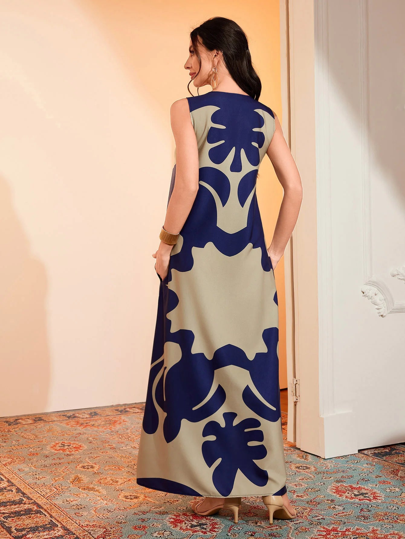 Vintage Maxi Pocket Loose Casual Print A-Line Dress