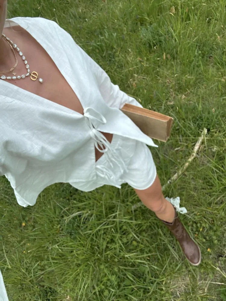 Elegant V-Neck Cotton Linen Blouse