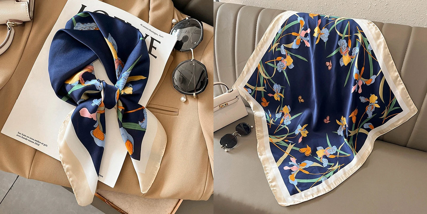 Elegant Floral Silk-Feel Square Scarf - 60-80cm Versatile Women's Neck Scarf