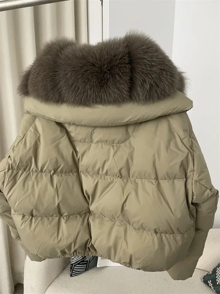 Luxury Women's Short Puffer Jacket with Natural Fox Fur Collar